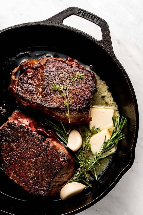 Learn how to cook Filet Mignon perfectly! Nothing is better than a tender cut of steak with a beautiful brown crust and juicy interior. #filetmignon #beef #valentinesdayrecipes #castironcooking | GarnishandGlaze.com Beef Tenderloin Steak Recipes Cast Iron, Tenderloin Steaks In The Oven, Beef Tenderloin Cast Iron Skillet, Filet Mignon Aesthetic, Tenderloin Filet Recipes, Beef Tenderloin Steaks Recipes, Filet Mignon Cast Iron Skillet, How To Cook Filet Mignon, Beef Tenderloin Steak Recipes