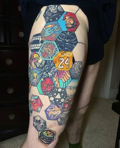 This guys tattoo collection. Each artist filled in a hexagon with whatever they want. Hexagon Tattoo, Honeycomb Tattoo, Kunst Tattoos, C Tattoo, Tatuaje A Color, Red Tattoos, About Tattoo, Tattoo Project, Aesthetic Tattoo