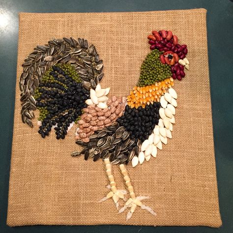 My bean and seed art Rooster Seed Art For Kids, Rooster Craft, Seed Craft, Coffee Bean Art, Seed Art, Art Coquillage, Rooster Art, Creation Art, Chicken Art