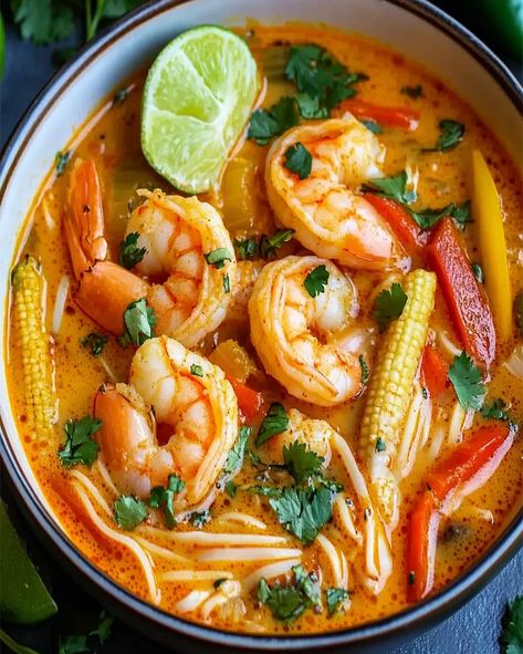 Thai Red Curry Shrimp Soup Recipe Thai Red Curry Noodle Soup Shrimp, Rice Noodle Soup With Shrimp, Red Curry Shrimp Soup, Shrimp Thai Soup, Spicy Coconut Shrimp Soup, Coconut Curry Shrimp Soup, Thai Shrimp Recipes, Curry Shrimp Soup, Thai Shrimp Curry