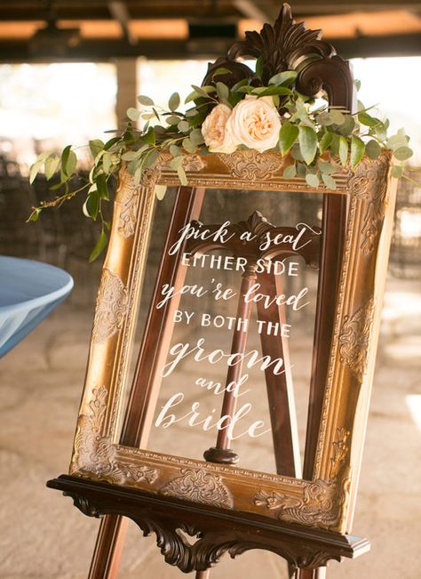 Pick a Seat Either Side you're loved by both the Groom and Bride - acrylic wedding sign in gold frame Chic Photography, Wedding Planner Logo, Bride Sign, Acrylic Wedding Sign, Wedding Graphics, Groom And Bride, Wedding Mirror, Pick A Seat, Enchanted Forest Wedding