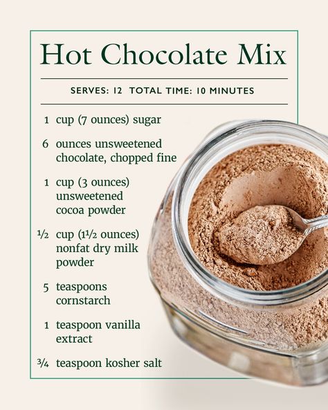 Enjoy a nice, warm cup of hot chocolate this winter with our recipe, or make some Hot Chocolate Mix gifts! Hot Cocoa Mix Recipe, Hot Chocolate Mix Recipe, Homemade Dry Mixes, Homemade Hot Chocolate Mix, Diy Hot Chocolate, Homemade Hot Cocoa, Hot Cocoa Mix, America's Test Kitchen Recipes, Baking Cocoa