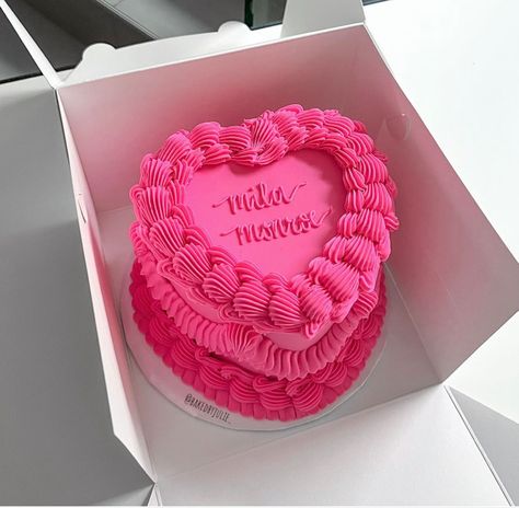 Barbie Pink Birthday Cake, Hot Pink Vintage Cake, Hot Pink Heart Cake, Pink Birthday Cake For Women, Birthday Cake Hot Pink, Small Heart Cake, Pink Bento Cake, Pink Vintage Heart Cake, Hot Pink Birthday Cake