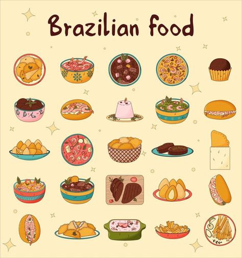 Set of Brazilian traditional food. Vector illustration in hand drawn style Brazilian Vegetables, Food From Brazil, Brazil Recipes, Brazilian Kitchen, Brazil Illustration, Brazilian Food Traditional, Brazilian Snacks, Brazil Core, Michiko Malandro