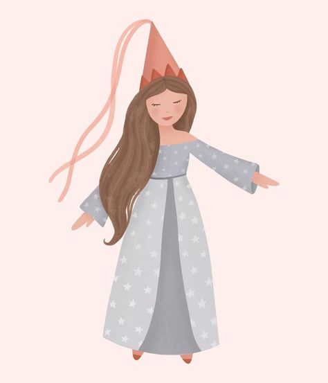 Watercolor vector illustration of a cute princess in a dress with stars in pastel colors Medieval Princess Character Design, Princess Illustration Art, Meri Meri Princess Party, Meri Meri Princess, Princess Vector, Dress With Stars, Princess Watercolor, Pastel Stars, Birthday Party Clipart