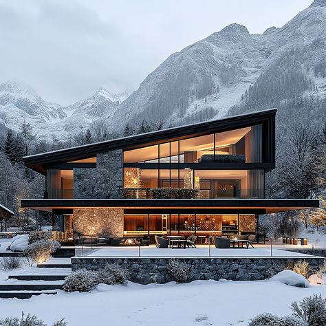 Azad Azarkish: Embarking on a sensory journey in this modern cozy hotel cafe nestled in the Swiss mountains. The contemporary facade captivates with its sleek design, seamlessly blending black rustic wood and glass against the snowy backdrop.  #architecture #house #fashion #decor #diy #homedecor #amazingarchitecture #interiordesign #contemporaryhome #modern #residence #designer Aspen Luxury Homes, Modern Snow House, Winter Modern Mansion, Nordic Mountain House, Swiss Chalet Architecture, Modern Nordic Architecture, Pacific Northwest Architecture, Modern Ski Chalet Exterior, Modern Alpine House