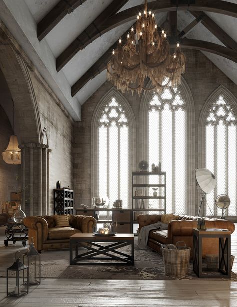 InsoliteDesign on Twitter: "Old renovated church… " Gothic Decor Living Room, Gothic Living Room Ideas, Modern Gothic Home, Gothic Living Rooms, Gothic Interior Design, Gothic Living Room, Gothic Interior, Loft Interior, Vaulted Ceilings