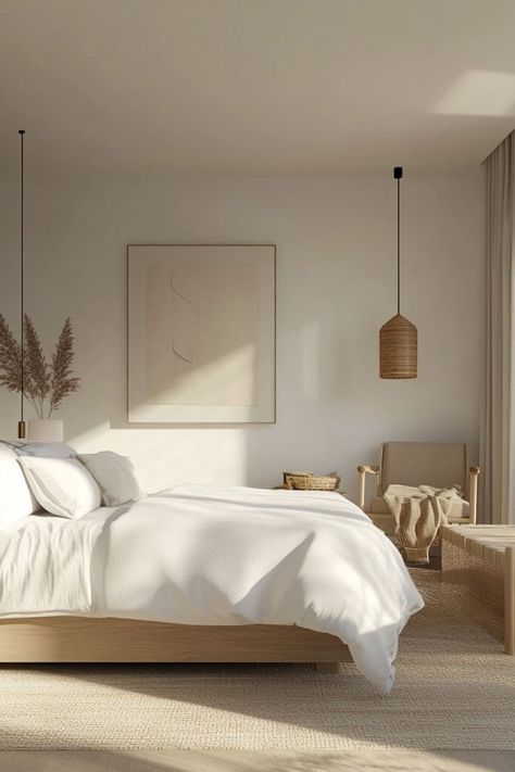 Transform your bedroom into a light and airy Scandinavian retreat with simple decor ideas! Think soft linens, light wood, and neutral colors. #ScandinavianBedroom #MinimalistDecor #CozyHome Light Flooring Bedroom, Organic Modern Primary Bedroom, Modern Scandinavian Interior Bedroom, Clean Bedroom Ideas, Scandi Bedroom Ideas, Neutral Room Aesthetic, Cozy Minimal Bedroom, Modern Scandinavian Bedroom, Scandinavian Bedroom Ideas