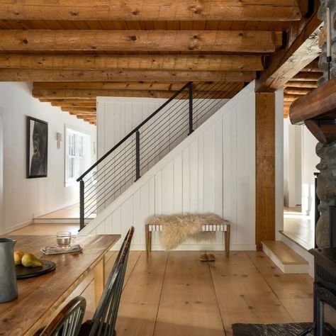 Pine Dining Room, Cabin Remodel, Pine Flooring, Modern Railing, Cabin Renovation, Stowe Vt, Eastern White Pine, Cabin Floor, Quarter Sawn White Oak