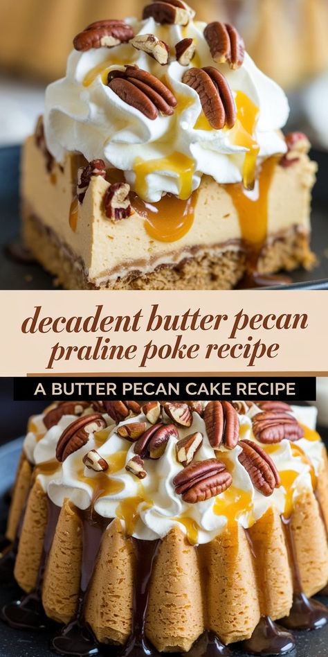 A close-up of a butter pecan praline poke cake Butter Pecan Praline Poke Cake, Pecan Praline Poke Cake, Praline Poke Cake, Praline Sauce, Poke Recipe, Poke Cake Recipe, Butter Pecan Cake, Soft Cake, Pecan Praline