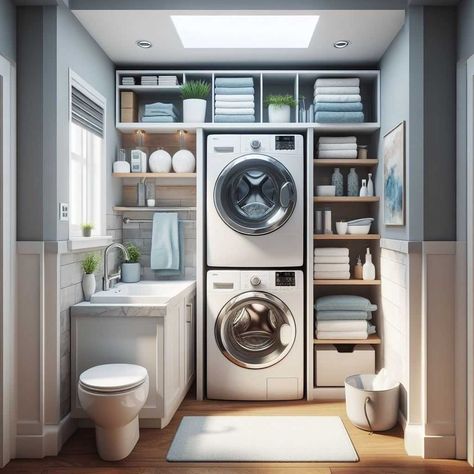 33 Brilliant Bathroom & Laundry Combo Ideas » HomeDecorFull Vanity In Laundry Room, Mudroom Laundry Room With Toilet, Master Bathrooms With Laundry, Laundry Guest Bathroom Combo, Stackable Washer Dryer In Bathroom Master Bath, Low Ceiling Laundry Room Ideas, Narrow Bathroom Laundry Combo, Master Bath And Laundry Combo, Laundry Area In Bathroom