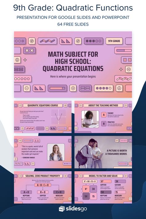 Here's an interactive template for math lessons. It contains buttons to move between slides! For Google Slides and PowerPoint Purple Powerpoint Template, Math Subject, Math Powerpoint, Beauty Template, Quadratic Equations, Quadratic Functions, Presentation Slides Design, Graphic Design Portfolio Inspiration, Powerpoint Slide Designs