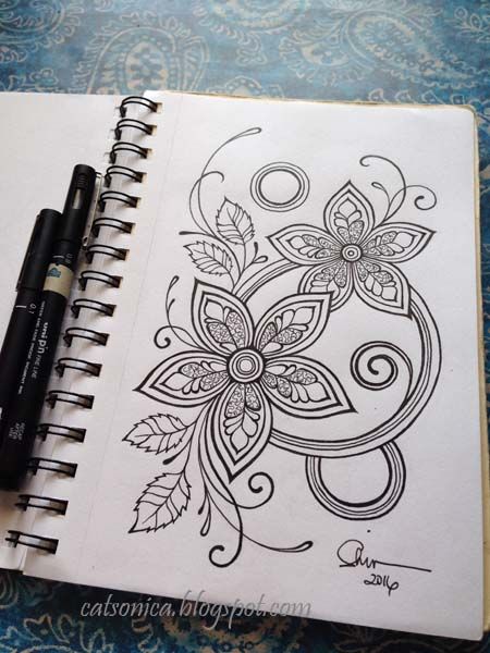 Stilasi Flora, Notebook Embroidery, Henna Doodle, Journal Drawing Ideas, Cool Tattoo Drawings, Journal Drawing, Ink Doodles, Beautiful Flower Drawings, Doodle Flowers