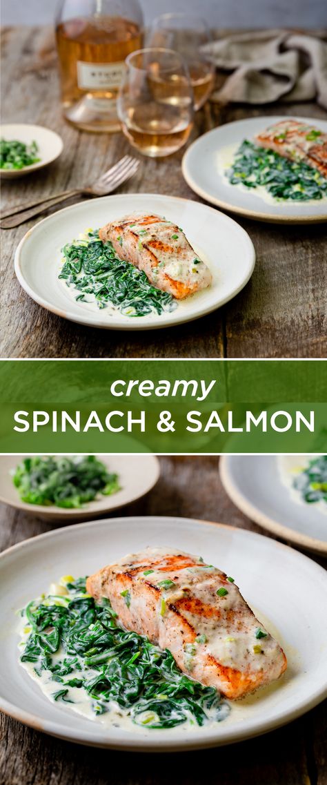 Salmon And Creamed Spinach, Salmon Mashed Potatoes Spinach, Salmon Green Onion, Salmon With Creamy Spinach Sauce, Salmon With Spinach Recipes, Salmon Recipes And Sides, Salmon With Spinach Cream Sauce, Salmon And Spinach Recipes, Creamy Spinach Salmon