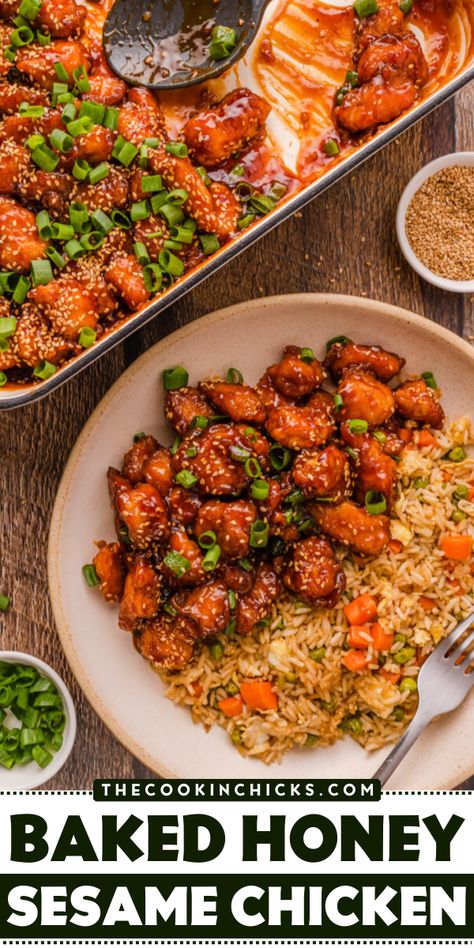 An easy dinner idea for some Asian-inspired sesame honey chicken! This baked sesame chicken recipe beats out any takeout with its sweet, savory, and tangy homemade flavor. Pair up this chicken dinner recipe with white or fried rice for a truly mouthwatering meal! Honey Chicken Fried Rice, Honey Chicken Rice Bowl, Asian Recipes With Rice, Asian Inspired Chicken Recipes, Baked Sesame Chicken Recipe, Dinner Recipes Asian, Baked Honey Sesame Chicken, Asian Chicken And Rice, Baked Sesame Chicken