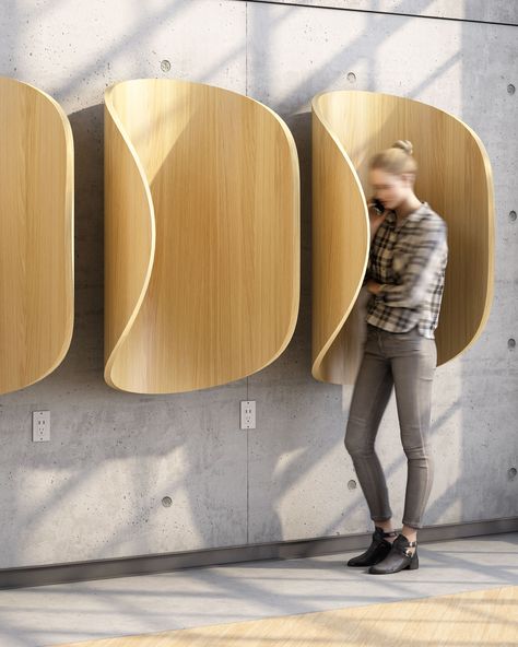 Constructed using SoundPly acoustic panels (the world's quietest panels).  Features real wood veneer. Phone Booth Design, Wood Sound Diffuser, Sound Booth, Phone Booth Office, Sound Diffuser, Atelier Design, Wall Paneling Diy, Acoustic Panel, Lobby Interior