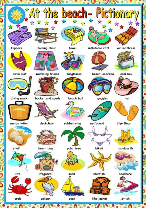 At The Beach Beach Vocabulary, Summer Vocabulary, Beach Words, Picture Dictionary, English Vocab, English Classroom, English Language Teaching, English Lessons For Kids, English Activities