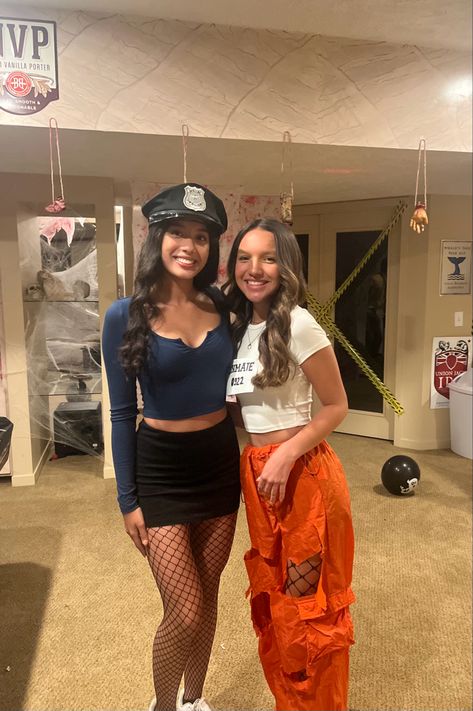 Cop And Robber Costume Cute, Linda And Heather Costumes, Cop And Robber Costume Duo, Matching Customes Halloween Best Friends, Friend Halloween Costumes Two College, Police And Firefighter Halloween Costume, Jailbreak Theme Outfit, Halloween Costumes Cop And Prisoner, Prisoner And Cop Costume Friends