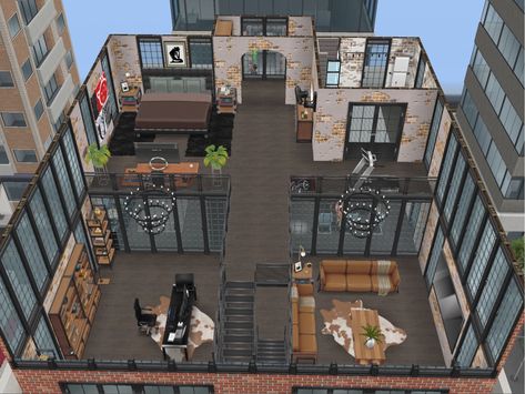 Easy penthouse layout with mezzanine to create a modern loft #simsfreeplay #interiordesign #layout Sims Penthouse Layout, Sims 4 Penthouse Layout, Sims 4 Penthouse Ideas City Living, Sims 4 City Living Penthouse, Penthouse Sims 4, Sims 4 Fountainview Penthouse Layout, Sims Freeplay Penthouse Ideas, Sims 4 Penthouse Download, Sims 4 Penthouse