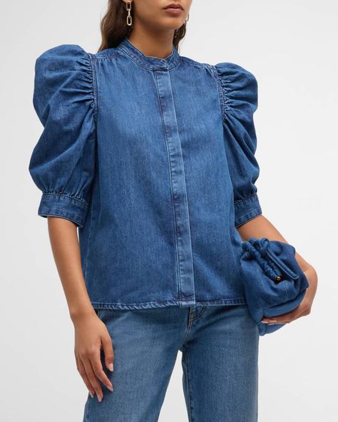 Get free shipping on FRAME Gillian Denim Puff-Sleeve Top at Neiman Marcus. Shop the latest luxury fashions from top designers. Double Denim, Denim Blouse Women, Denim Sleeves, Denim Essentials, Exaggerated Sleeves, Quiet Luxury, Denim Blouse, Dark Room, Puffed Sleeves