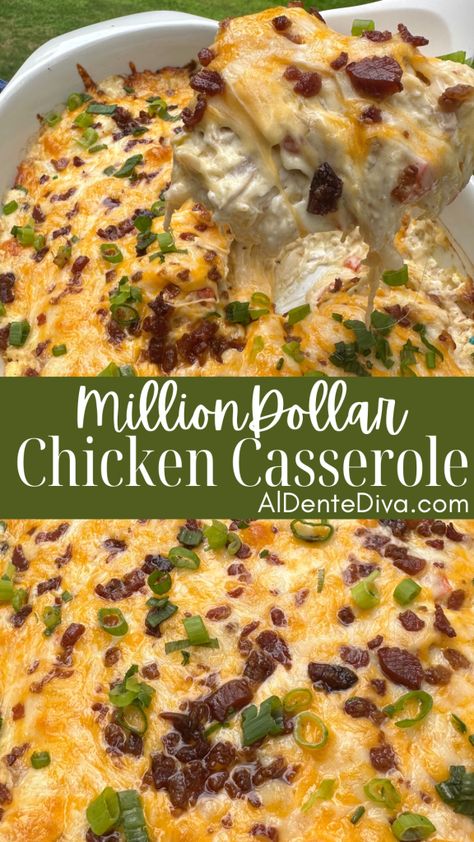 Million dollar chicken casserole is made with rotisserie chicken and sautéd vegetables baked in a creamy, cheesy sauce topped with bacon bits for an unforgettable dinner.

#chickencasserole #easyrecipes #dinnerideas Chicken Bacon Casserole, Million Dollar Chicken Casserole, Million Dollar Chicken, Chicken Casserole Dinners, Chicken Lombardy, Bacon Casserole, Mash Potatoes, Creamy Chicken Enchiladas, Baked Vegetables