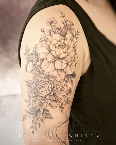 Vickie Chiang on Instagram: “Peony, Chrysanthemum, Plum Blossom, Osmamthus, and Pearl flower ♡  #peonytattoo #chrysanthemumtattoo #blossomtattoo #inked #tattoos…” Roses And Chrysanthemums Tattoo, Poppy Chrysanthemum Tattoo, Chrysanthemum Peony Tattoo, Chrysanthemum Tattoo Meaning, Rose Chrysanthemum Tattoo, Chrysthanemum Tattoo, Chrysanthemum And Peony Tattoo, Rose And Chrysanthemum Tattoo, Chrysanthemum Shoulder Tattoo