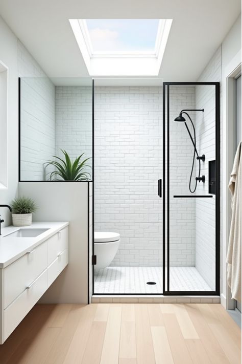 Bright bathroom with skylights, walk-in shower, and wooden flooring Clerestory Windows Bathroom, Modern Bathroom Colors, Skylight In Bathroom, Shower Oasis, Modern Bathroom Colours, Shower Skylight, Skylight Bathroom, Windows Bathroom, Clerestory Windows