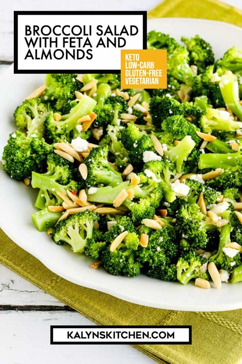 Pinterest Image for Broccoli Salad with Feta and Almonds on serving plate on a green napkin. Recipe Broccoli, Winter Salad Recipes, Feta Cheese Salad, Salad With Feta, Gluten Free Sides Dishes, Low Carb Salad, Fine Cooking, Baked Chicken Parmesan, Winter Salad