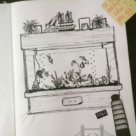 Aquarium. #art #illustration #artjournal Aquarium Drawing Illustration, Easy Aquarium Drawing, Aquarium Animals Drawing, Aquarium Illustration Art, Fish Tank Sketch, Aquarium Design Drawing, How To Draw Aquarium, Fish Aquarium Drawing, Aquarium Sketch