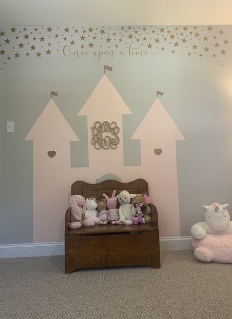 I had leftover pink paint and created this princess castle wall for my daughter’s playroom! Disney Castle Wall Painting, Princess Bedroom Wall Decor, Princess Room Paint Ideas Wall Colors, Princess Castle Wall Mural, Princess Room Mural, Princess Theme Bedroom Ideas, Princess Mural Bedroom, Castle Mural Girls Room, Princess Castle Mural