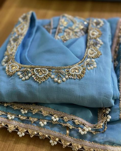 Cutdana Work Embroidery Suits, Aari Embroidery Designs For Kurtis, Punjabi Designer Suits For Wedding, Laces Designs On Suits, Hand Work Embroidery Suits, Embroidery Designs Suit, Suit Embroidery Designs, Lace Designs On Suits, Sitara Work