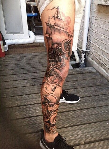 Tattoo Ideas For Men Leg Full Sleeves, Pirate Tattoo Leg Sleeve, Pirate Ship And Octopus Tattoo, Fishing Leg Sleeve Tattoo, Pirate Ship Leg Tattoo, Pirate Leg Tattoo, Kraken Leg Sleeve, Kracken Tattoo Sleeve, Under Water Leg Sleeve Tattoo