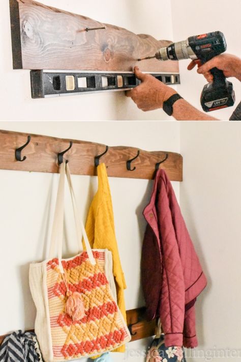 Homemade Coat Rack Diy Projects, Back Door Coat Hooks, Diy Bookbag Holder, Long Coat Rack, Simple Coat Rack Wall, Wooden Wall Coat Rack, Mud Room Coat Hook Ideas, Homemade Coat Rack, Coat Hooks Entryway Diy