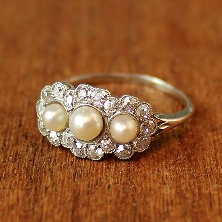 Alice Pearl and Diamond Vintage Engagement Ring Pearl Rings Vintage, Wear Pearls, Antique Engagement Ring, Pearl Rings, Diamond Engagement Rings Vintage, Diamonds And Pearls, Vintage Diamond Rings, Vintage Engagement Ring, Vintage Engagement