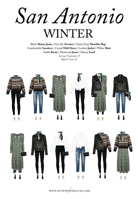 We designed our San Antonio winter packing list to help you find what to wear to San Antonio in the winter. To do this, we selected some of the hottest winter trends and created a chic and efficient 10-piece capsule travel wardrobe. And this San Antonio winter packing guide is filled with items inspired by this year's fantastic winter styles! Think fair isle sweaters, western accessories and distressed denim styles. San Antonio Outfit Winter, San Antonio Style Outfits, San Antonio Texas Outfits Winter, San Antonio Outfit, Pantone Outfit, Sweaters Western, Capsule Travel Wardrobe, Fair Isle Sweaters, Pack For A Trip