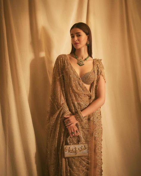 Tarun Tahiliani Saree, Golden Saree, Ananya Pandey, Ananya Panday, Web Stories, Bridesmaid Saree, Fancy Sarees Party Wear, Modern Saree, Indian Dresses Traditional