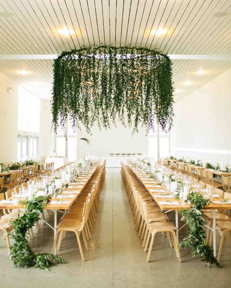 Spring Wedding Ideas from Real Celebrations | Martha Stewart Weddings - This couple proved that you don't need to add a single flower to create spring vibes at your wedding reception. Their major greenery chandelier stole the show. #weddingflowers #springweddingideas Wedding Reception Dance Floor, Wedding Dance Floor, Lilac Wedding Bouquet, Greenery Wedding Decor, Greenery Decor, Garden Reception, Modern Wedding Decor, Wedding Decor Ideas, Budget Friendly Wedding