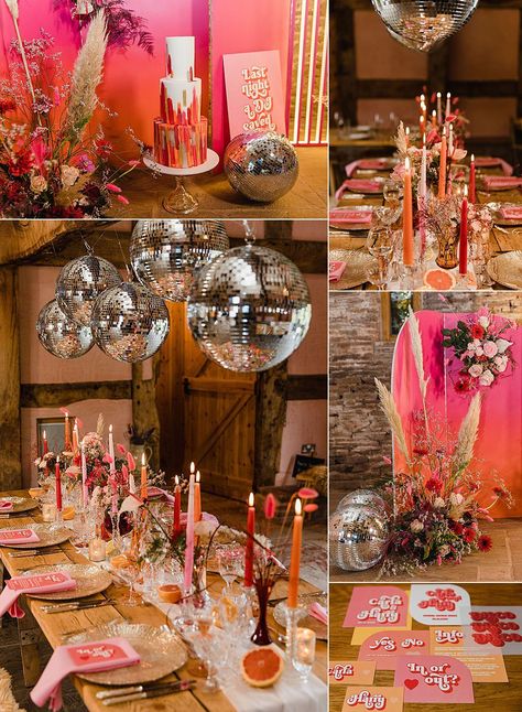 Colour Wedding Table Decor, Decorating Ideas For Tables Party, Fun Table Decorations For Party, Wedding Colourful Decoration, Maximalist Disco Wedding, Red Pink Orange Tablescape, Pink And Orange Disco Ball Wedding, Retro Romantic Wedding, Vibrant Wedding Bridesmaids