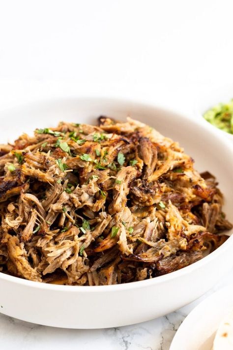 Seasoned pork shoulder slow cooked to perfection in your Instant Pot! Pork carnitas are so easy to make, and perfect for filling tacos, burritos and more! Pork Shoulder Crock Pot Carnitas, Pork Shoulder Carnitas Oven, Easy Pork Shoulder Crock Pot, Instant Pot Pork Carnitas Recipe, Pork Shoulder Crock Pot, Pork Instant Pot Recipes, Pork Shoulder Instant Pot, Carnitas Instant Pot, Crockpot Pork Shoulder