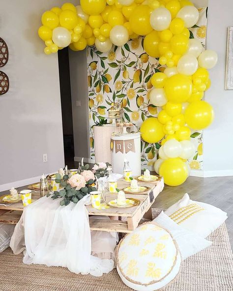 Lemon theme Birthday Party Ideas | Photo 3 of 9 | Catch My Party Birthday Lemon Theme, Lemon Party Theme, Lemonade Party Decorations, Lemonade Party Theme, Lemon Birthday Party, Lemon Party Decorations, Lemon Themed Party, Yellow Birthday Parties, Lemon Birthday