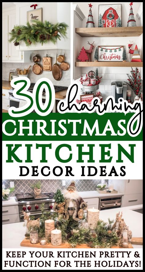 Do you need Christmas kitchen decorations ideas that won't get in your way? You can have a kitchen decorated for Christmas without sacrificing function! The kitchen is a busy place during the holidays - get ideas to decorate your kitchen cabinets, counters, & lots of spaces - and the Christmas decorations won't get in your way! These Christmas kitchen decor ideas are great even for small kitchens, too! Functional kitchens stylishly decorated for Christmas! Christmas Kitchen Inspiration, Christmas Kitchen Hood Decor, Christmas Kitchen Curtain Ideas, Christmas Tree For Kitchen, Garlic Hanging Kitchen, Kitchen Light Christmas Decor, Winter Decor Above Kitchen Cabinets, Kitchen Tree Christmas, Decorate Bar Stools For Christmas