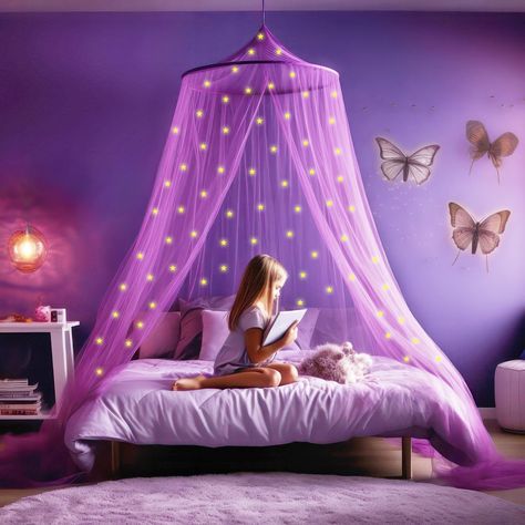 PRICES MAY VARY. Polyester GLOW IN THE DARK STARS! Light up your bedroom with our canopy bed curtains. Let unicorns absorb light, make room completely dark and enjoy the galaxy! PURPLE GIRLS ROOM DECOR! Our decorative canopies are designed with one overlapping opening for ease of entrance and provide a luxurious or cozy bedroom atmosphere. SETUP IN SECONDS! Free hanging kit included, hang the bed canopy in seconds with the adhesive ceiling hook. Our canopy size is 400 x 90 x 22 inch, weighs 0.9 Purple And Turquoise Girls Room, Turquoise And Purple Girls Bedroom, Purple And White Kids Bedroom, Purple Toddler Bedroom Girl, Tangled Rapunzel Room Decor, Mystical Bedroom Decor, Toddler Bedroom Purple, Kids Purple Room, Kids Purple Bedroom