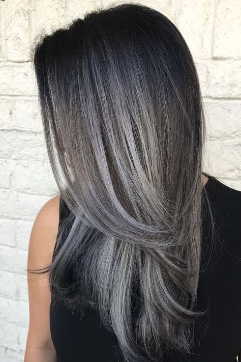 Dark Grey Hair Color, Ash Grey Hair, Silver Hair Highlights, Dark Grey Hair, Gray Balayage, Grey Hair Transformation, Black Hair Balayage, Ash Brown Hair, Grey Hair Inspiration