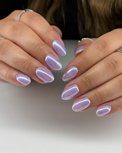 idk how i haven’t done this color before?? we used an iridescent purple from @vbeautypure with white chrome over! so contemplating doing this for me next set 🤭 gel overlay using @luminary_nail_systems multi-flex base in clarity purple base is 067 from @vbeautypure 💜 #nails #nailart #nailsofinstagram #manicure #nailsoftheday #gelnails #beauty #nailsart #nail #nailsdesign #naildesign #vbeautypure #nailtech #nailstagram #naildesigns #apresgelx #nailstyle #nailsnailsnails #nailartist #nailpoli... Purple Nails Iridescent, Purple Chrome Short Nails, Purple Glaze Nails, Pastel Chrome Nails Designs, Purple Cat Eye French Tip Nails, Purple French Tips Chrome, Purple Nails Gradient, Taylor Swift Nails Purple, Squoval Acrylic Nails Purple