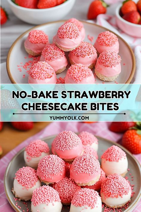 Craving a quick dessert? These No-Bake Strawberry Cheesecake Bites are the perfect combination of creamy cheesecake and sweet strawberries! 🍓✨ Made with simple ingredients, they’re easy to prepare and great for parties, holidays, or everyday treats. No oven required!
#NoBakeDessert #StrawberryCheesecake #EasyRecipes #PartyTreats #CheesecakeBites 🍰🎉 Easy Cheap Sweet Treats, Strawberry Cheesecake Bites No Bake, Easy Desserts With Strawberries, Cheesecake Deviled Strawberries, Strawberry Cake Bites, Strawberry Cheesecake Bites Recipe, Desserts With Strawberries, Easy Strawberry Desserts, Strawberry Cheesecake Bites