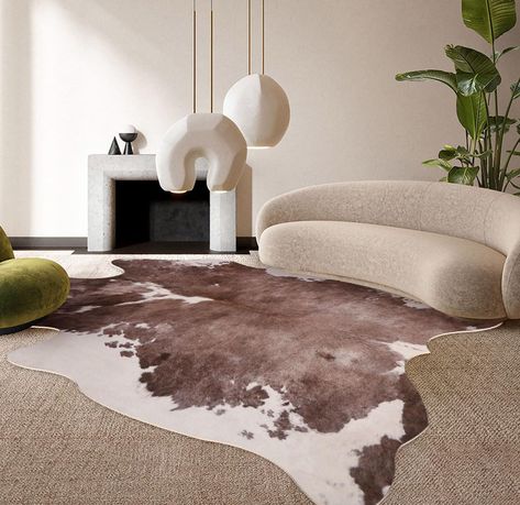 PRICES MAY VARY. 【High-Quality Cowhide Rug】: Coffinsea cow print rug is made from premium quality synthetic fibers that are soft, durable, and hypoallergenic. It's resistant to shedding, fading, and wear and tear, making it a long-lasting addition to your home. 【Modern Rustic Chic Cow Hide 】Marvel at the intricate printing that adorns this rustic rug, bringing a touch of sophistication and uniqueness to your space. The exquisite patterns showcase a blend of modern aesthetics and timeless eleganc Keep Off Rug Living Room, Faux Animal Rug, Cow Hide Rug Living Room Modern, Carpet With Rug On Top, Cow Hide Rug Living Room, Living Room Aesthetic Luxury, Aesthetic Area Rugs, Cowhide Rug Living Room Modern, Hide Rug Living Room