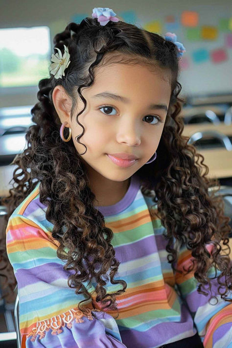 25 Cutest First Day of School Hairstyle Ideas Curly Girls Hairstyles Kids, Girl Curly Hairstyles Kids, Picture Day Hairstyles For Kids Curly, Little Curly Girl Hairstyles Kids, Curly Hairstyles Girls Kids, Curly Hairstyles For Girls Kids, Cute Hairstyles For Curly Hair Kids, Curly Girl Hairstyles Kids, Middle School Picture Day Hairstyles