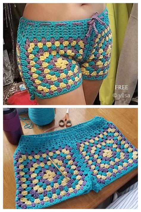 Women Granny Squared Summer Shorts Free Crochet Patterns Granny Square Pants Pattern Free, Crochet Granny Square Clothes Free Pattern, Free Crochet Womens Clothes Patterns, Crochet Bottoms Pattern Free, Crochet Shorts Pattern Free Women, Crochet Skirt Pattern Free For Women, Granny Square Crochet Top Free Pattern, Crochet Granny Square Shorts Free Pattern, Granny Square Skirt Pattern