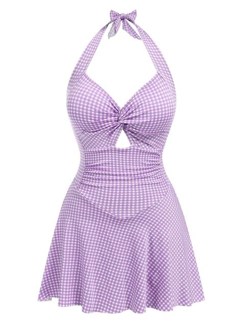 Purple 1930s Plaid Halter One-Piece Swimsuit | Retro Stage Cute One Piece Swimsuit, Swimsuit Fits, Ballet Inspired Fashion, Retro Stage, Purple One Piece, Purple Swimsuit, Swimsuit Skirt, Bathing Suit Dress, Swimsuit Blue