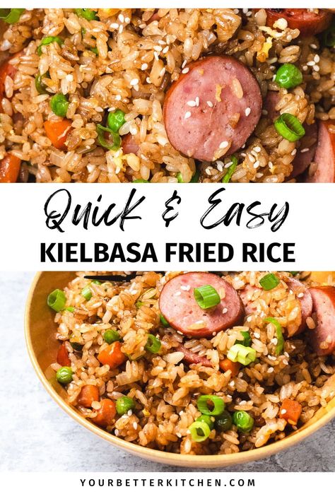 Transform your leftovers into a delicious meal with this Quick and Healthy Kielbasa Fried Rice. With just 9 ingredients, including day-old rice, frozen peas, carrots, and savory kielbasa, this recipe is a breeze to make. Ideal for lunch or dinner, it's packed with flavor and nutrition. The eggs add an extra protein boost, making it a satisfying dish for kids and adults alike. Great for busy nights or feeding a crowd. Kielbasa Fried Rice, Kielbasa Recipes Dairy Free, Dairy Free Kielbasa Recipes, What To Make With Polish Kielbasa, Kielbasa Sausage Recipes Healthy, Kielbasa Stir Fry Recipes, Beef Polska Kielbasa Recipes, Kielbasa Rice Recipes, Turkey Kielbasa Recipes Healthy